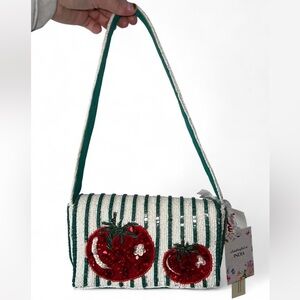 Green and White Striped Women's Beaded Bag with Red Tomato NWT made in india